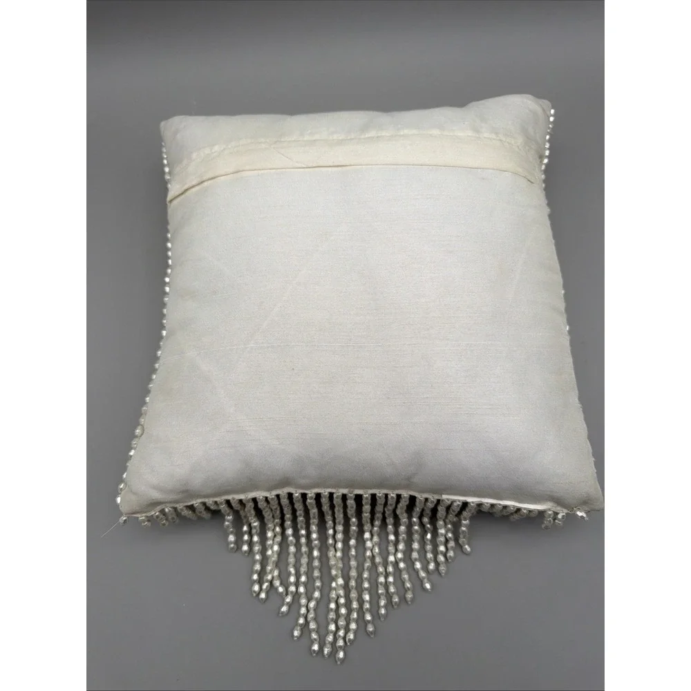 Ivory Pearl Beaded Accent Pillows 2 Fringe 11x11 Glam Hollywood Regency Decor *